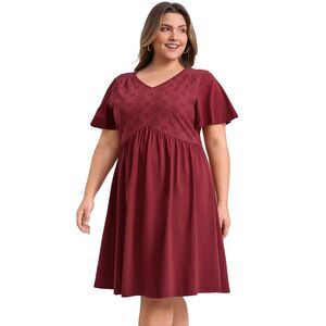 Plus Size V Neck Ruffle Sleeve Pleated Swing A-Line Wedding Dress Burgundy